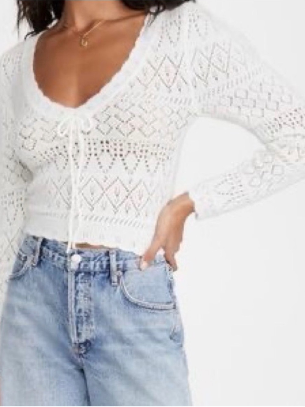 For Love & Lemons White V-Neck Tie-Front Knit Sweater